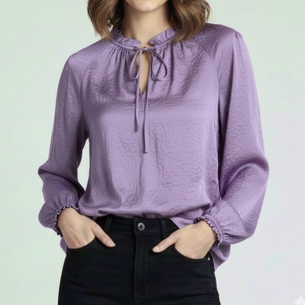 Philosophy Top Satin Pleated Ruffle XS Purple Balloon Long Sleeve Boho Blouse